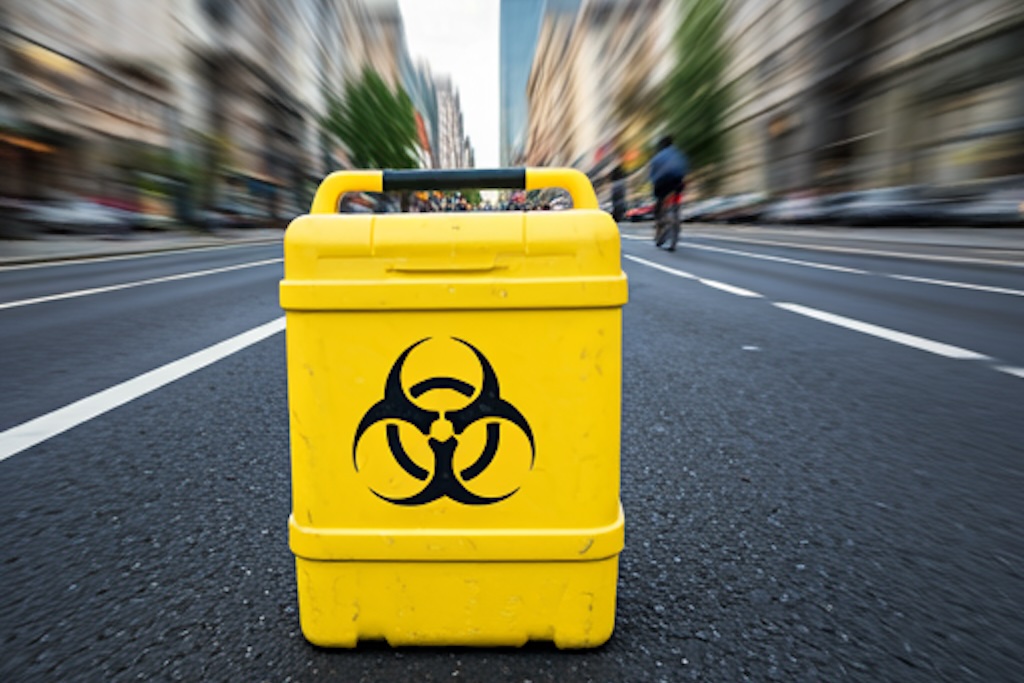  a biohazard cooler in a bike lane