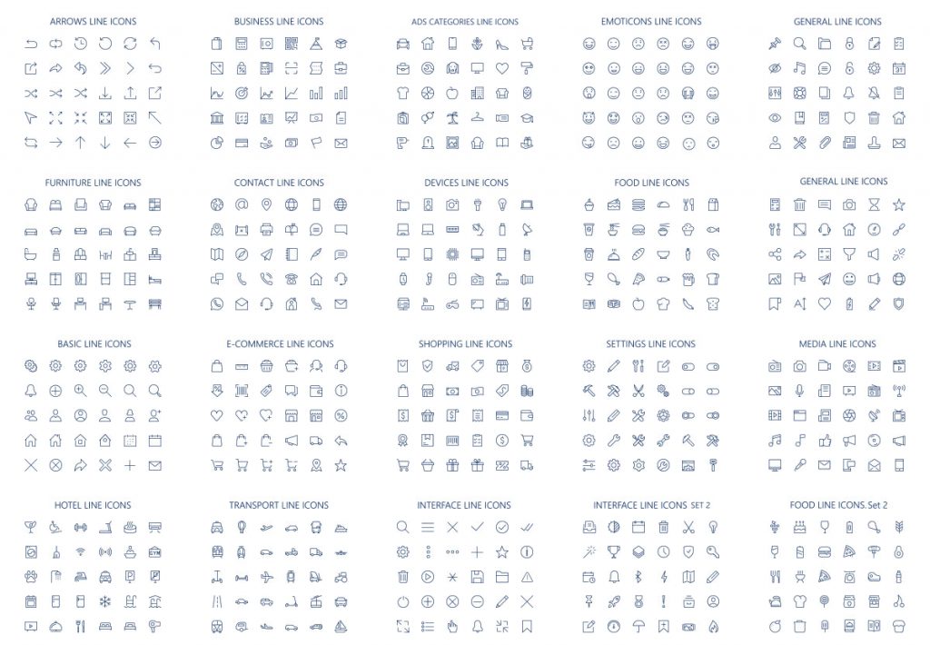 An image depicting 40 different types of website icons