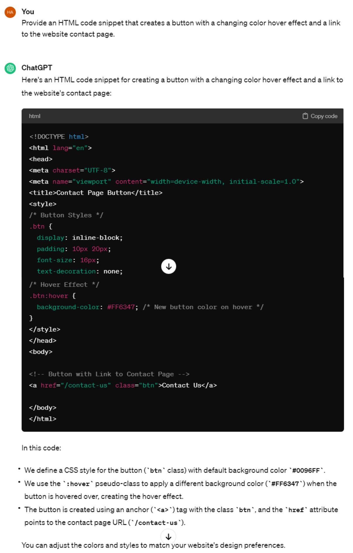 A ChatGPT prompt and response for the question: Provide an HTML code snippet that creates a [button with a changing color hover effect and a link to the website homepage].
