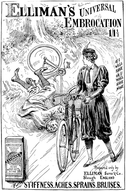 An 1897 ad featuring a woman in bloomers. "Ellimans-Universal-Embrocation-Slough-1897-Ad". Licensed under Public Domain via Wikimedia Commons.