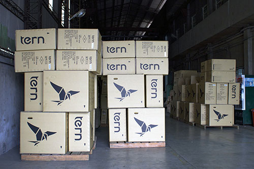 Small footprint shipping boxes, seen here at Tern's Taiwan production facility, allow Tern to fit more onto a shopping container, saving shipping costs. Photo courtesy of Tern. 