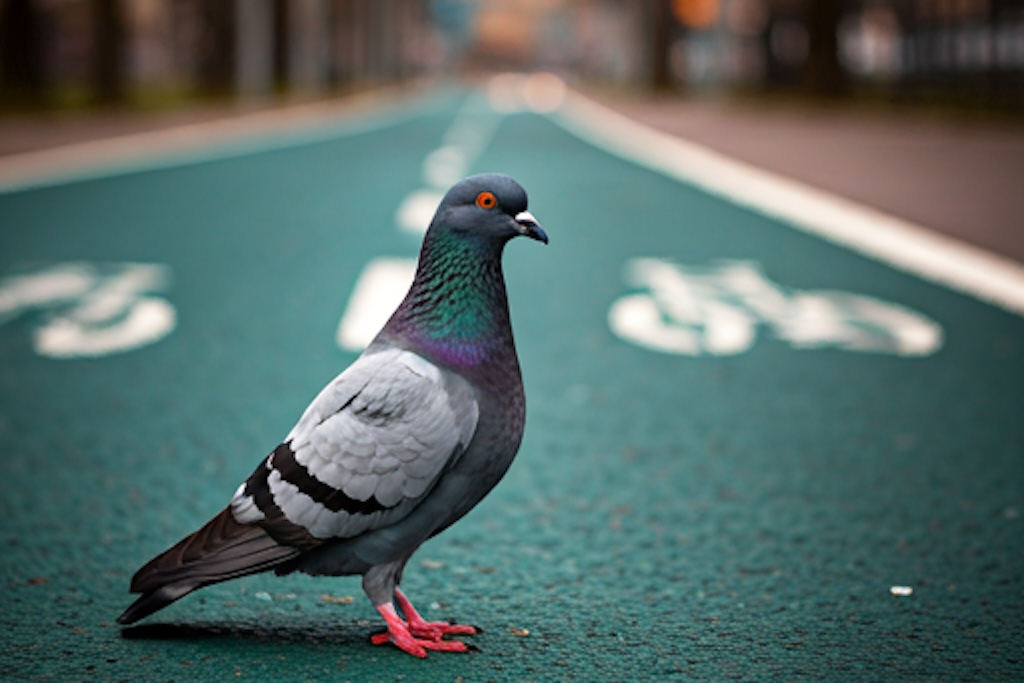 a pigeon in a bike lane