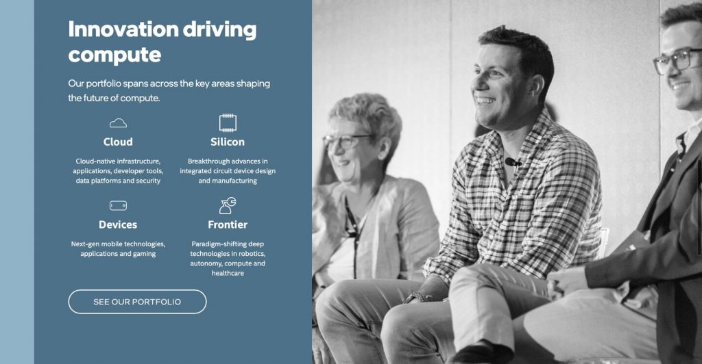 Venture capital website design example: Intel Capital portfolio