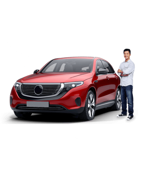 EV Universe lifestyle image of a man standing next to a red car