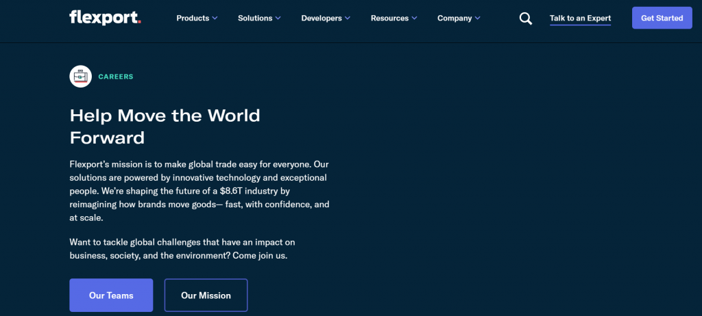 A screenshot of Flexport's careers page