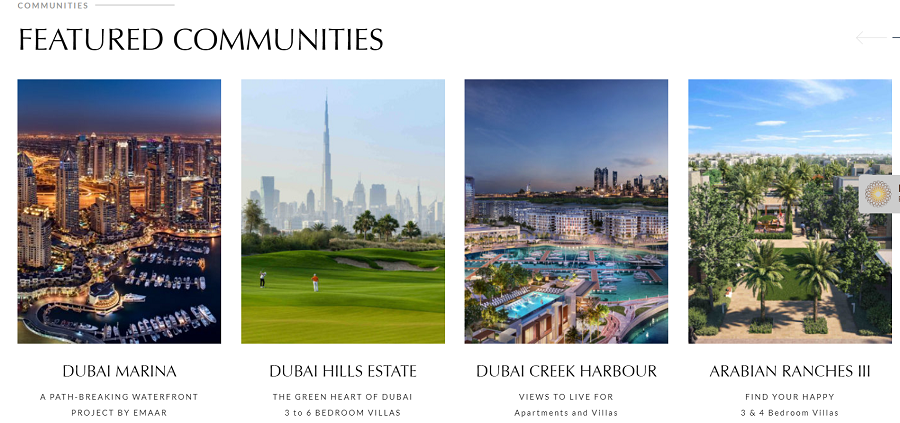 Construction website design example: Emaar featured communities