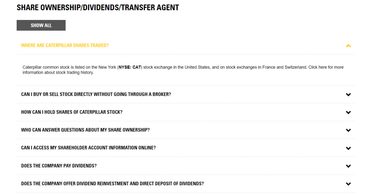 Manufacturing website design Caterpillar's investors questions