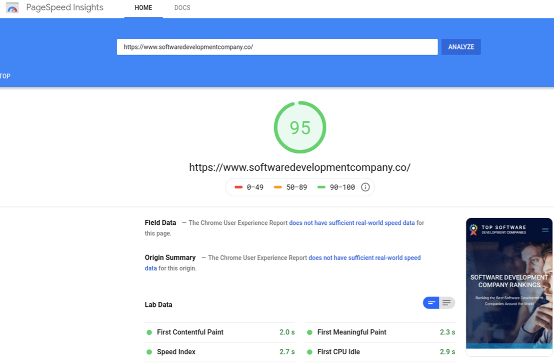 The Speed Insights Tool answers the question 'how to speed up a mobile site' by providing insights on a URL, giving it a score of 95