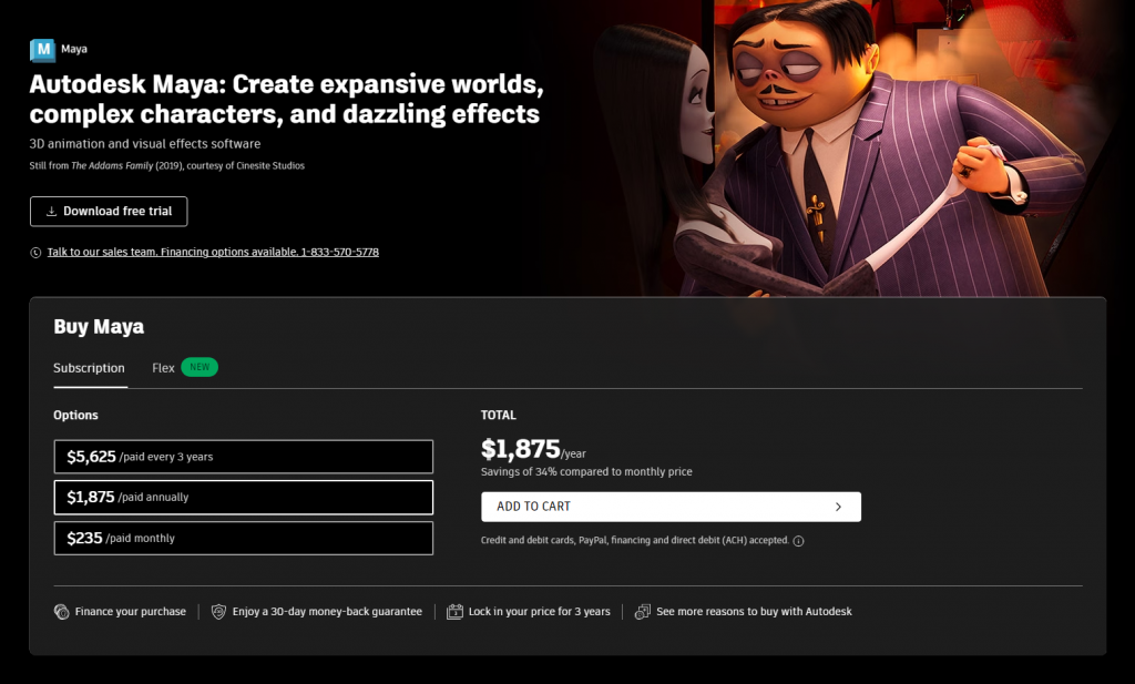 Autodesk Maya landing page featured image of the animated film - The Adams Family.