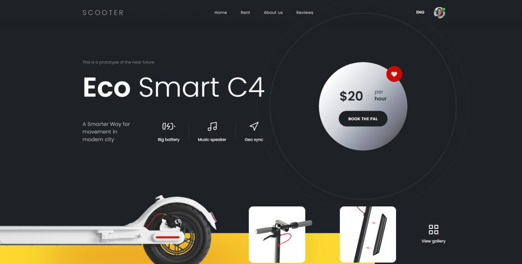 Featured image of the eScooter's landing page with a picture of an electrical scooter wheel.